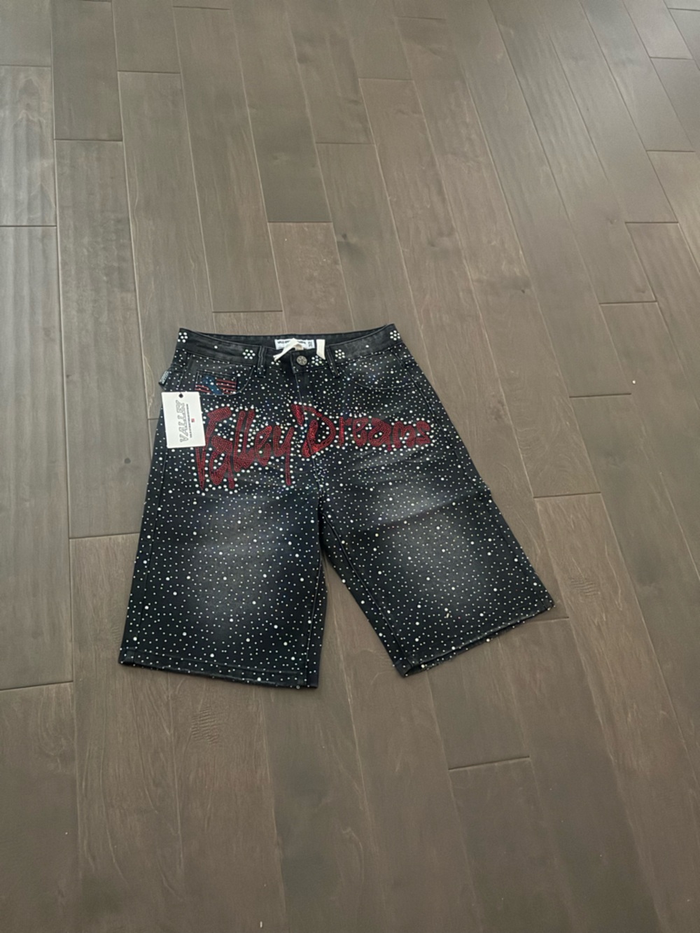 Black Studded Men’s Jean Shorts with Red Script